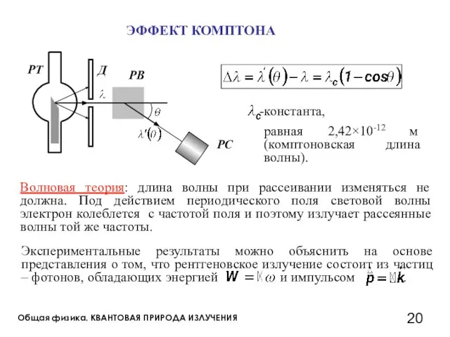 Общая физика. КВАНТОВАЯ ПРИРОДА ИЗЛУЧЕНИЯ ЭФФЕКТ КОМПТОНА Волновая теория: длина волны