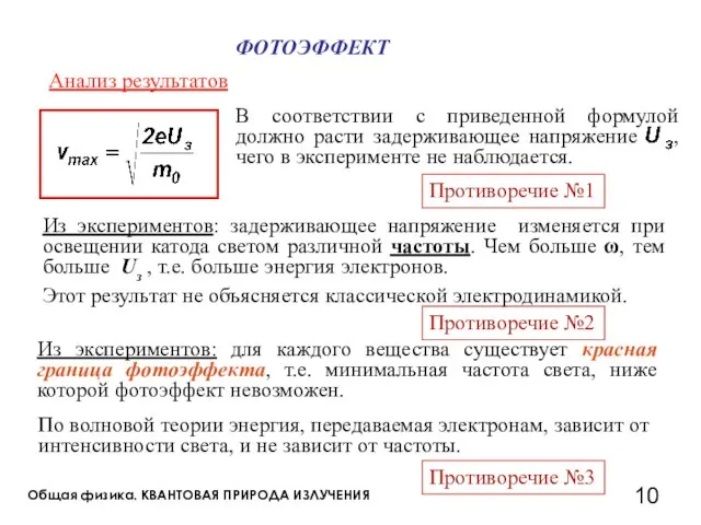 Общая физика. КВАНТОВАЯ ПРИРОДА ИЗЛУЧЕНИЯ ФОТОЭФФЕКТ Анализ результатов Из экспериментов: для