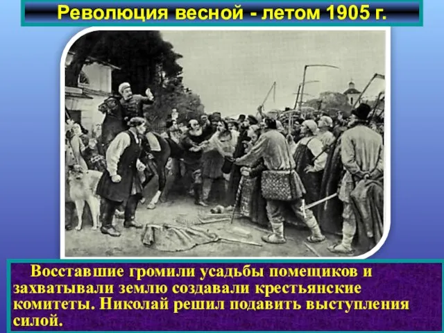 Восставшие громили усадьбы помещиков и захватывали землю создавали крестьянские комитеты. Николай