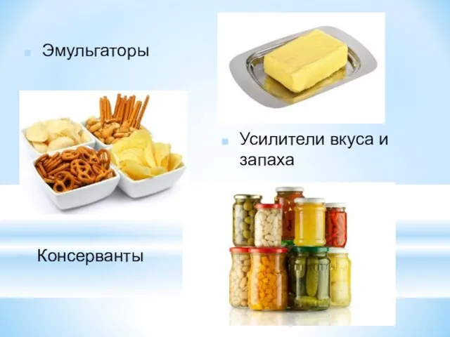 Усилители вкуса и запаха Консерванты Эмульгаторы