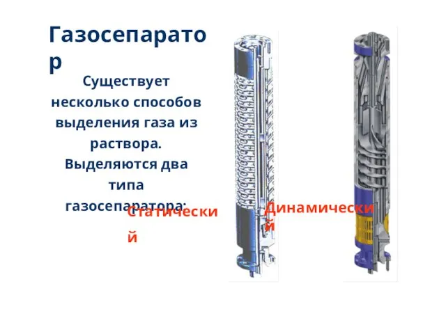 Существует несколько способов выделения газа из раствора. Выделяются два типа газосепаратора: Газосепаратор Статический Динамический