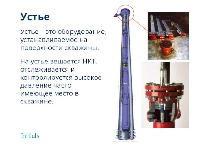 Initials Устье Устье – это оборудование, устанавливаемое на поверхности скважины. На