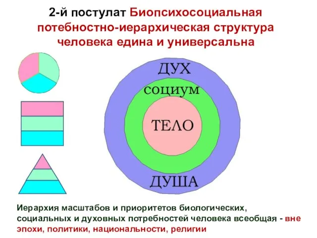 2-й постулат Биопсихосоциальная потебностно-иерархическая структура человека едина и универсальна Иерархия масштабов