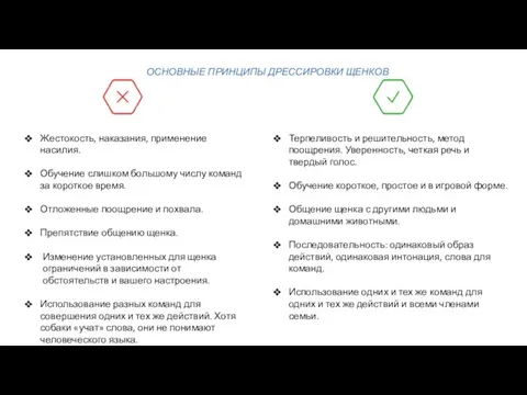 ОСНОВНЫЕ ПРИНЦИПЫ ДРЕССИРОВКИ ЩЕНКОВ Жестокость, наказания, применение насилия. Обучение слишком большому