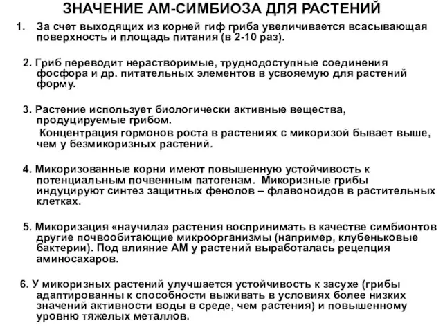 ЗНАЧЕНИЕ АМ-СИМБИОЗА ДЛЯ РАСТЕНИЙ За счет выходящих из корней гиф гриба