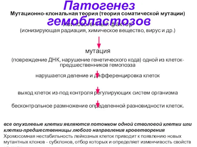 Мутационно-клональная теория (теория соматической мутации) лейкозогенный фактор (ионизирующая радиация, химическое вещество,