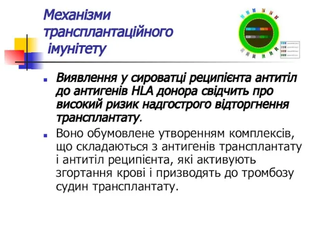 Механізми трансплантаційного імунітету Виявлення у сироватці реципієнта антитіл до антигенів HLA