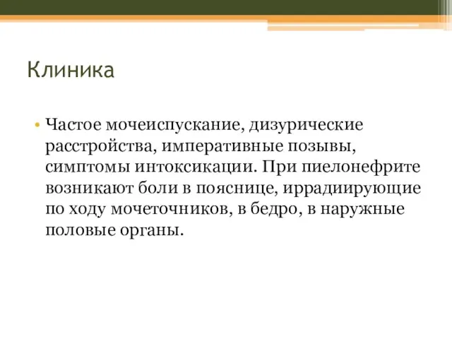 Клиника Частое мочеиспускание, дизурические расстройства, императивные позывы, симптомы интоксикации. При пиелонефрите