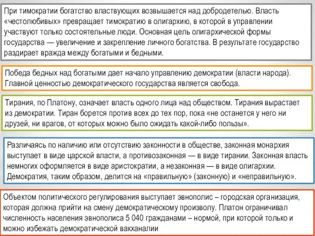 При тимократии богатство властвующих возвышается над добродете­лью. Власть «честолюбивых» превращает тимократию