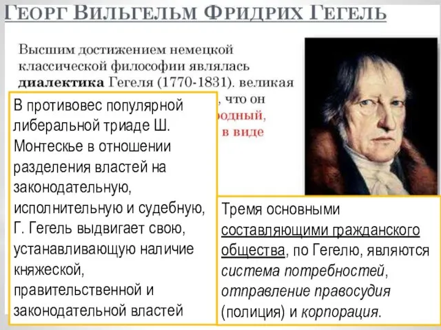 В противовес популярной либеральной триаде Ш. Монтескье в отношении разделения властей