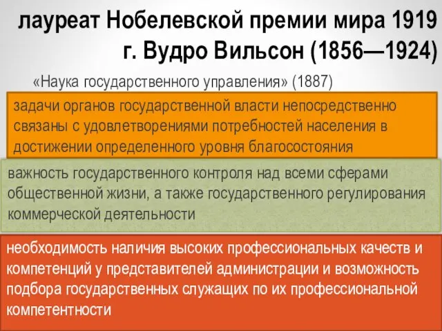 лауреат Нобелевской премии мира 1919 г. Вудро Вильсон (1856—1924) «Наука государственного