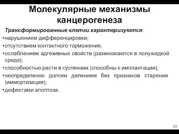 Молекулярные механизмы канцерогенеза Трансформированные клетки характеризуются: нарушением дифференцировки; отсутствием контактного торможения;