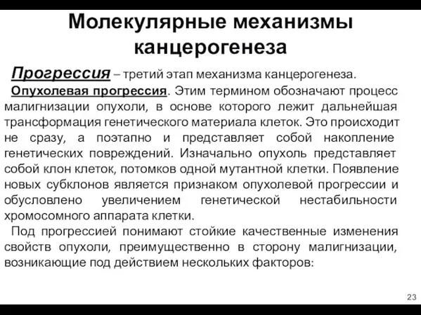 Молекулярные механизмы канцерогенеза Прогрессия – третий этап механизма канцерогенеза. Опухолевая прогрессия.