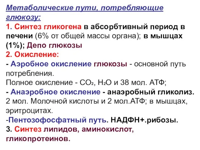 Метаболические пути, потребляющие глюкозу: 1. Синтез гликогена в абсорбтивный период в