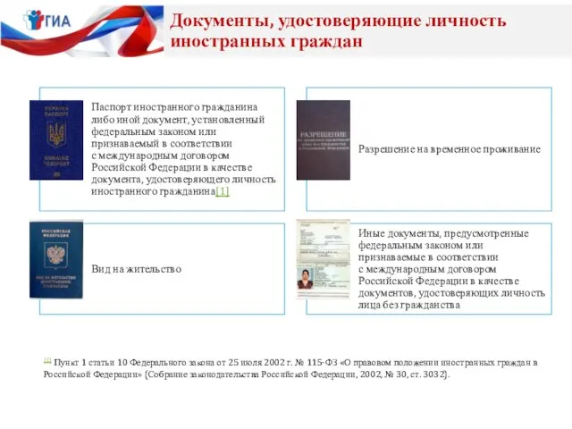 Документы, удостоверяющие личность иностранных граждан [1] Пункт 1 статьи 10 Федерального