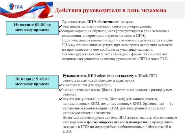 Руководитель ППЭ обеспечивает допуск: участников экзамена согласно спискам распределения; сопровождающих обучающихся