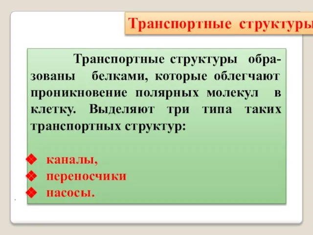 Транспортные структуры Транспортные структуры обра- зованы белками, которые облегчают проникновение полярных