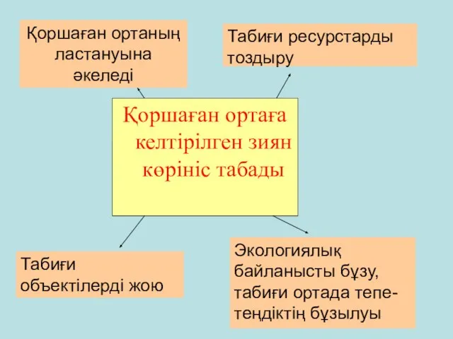 Қоршаған ортаға келтірілген зиян көрініс табады Қоршаған ортаның ластануына әкеледі Табиғи