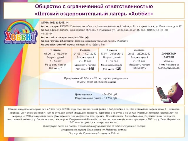 Общество с ограниченной ответственностью «Детский оздоровительный лагерь «Хоббит» Общество с ограниченной