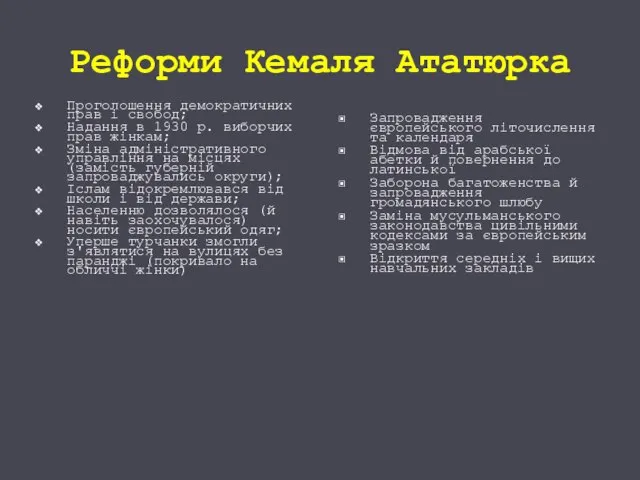 Реформи Кемаля Ататюрка Проголошення демократичних прав і свобод; Надання в 1930