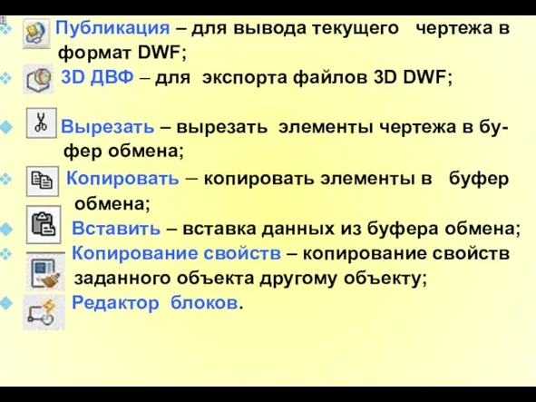 Публикация – для вывода текущего чертежа в формат DWF; 3D ДВФ