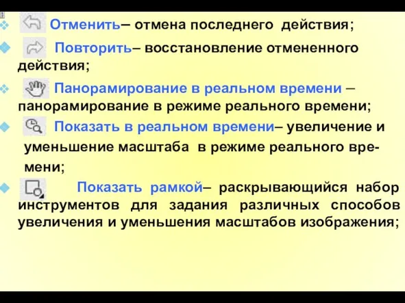 Отменить– отмена последнего действия; Повторить– восстановление отмененного действия; Панорамирование в реальном