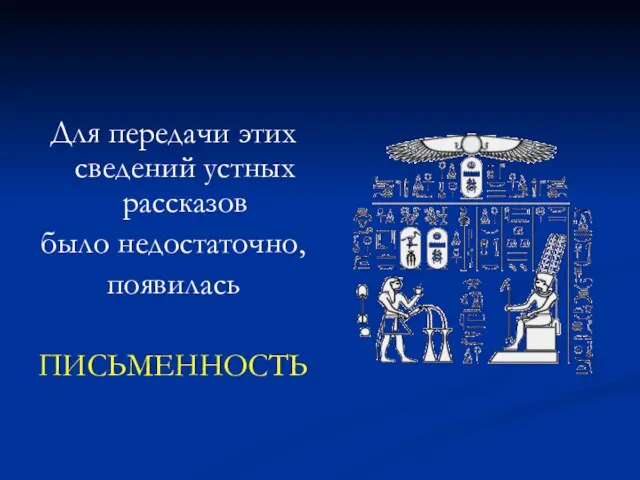 Для передачи этих сведений устных рассказов было недостаточно, появилась ПИСЬМЕННОСТЬ