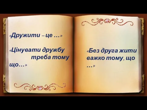 «Дружити – це …» «Цінувати дружбу треба тому що…» «Без друга жити важко тому, що …»