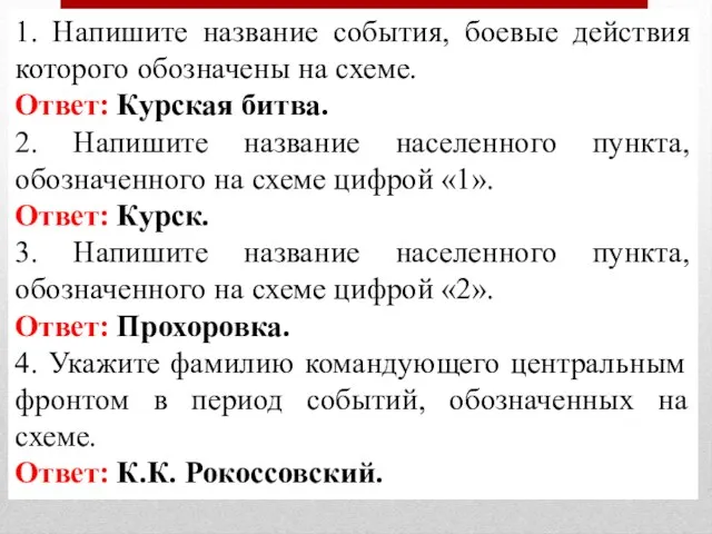 1. Напишите название события, боевые действия которого обозначены на схеме. Ответ: