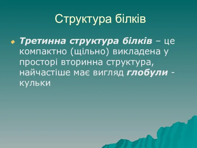 Структура білків Третинна структура білків – це компактно (щільно) викладена у