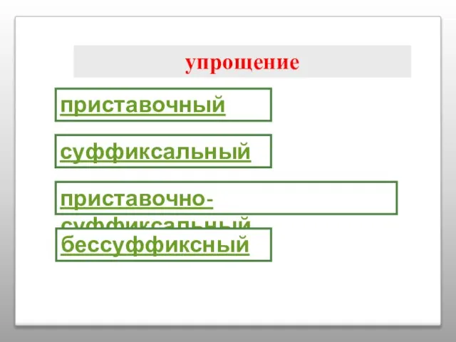 упрощение приставочный суффиксальный приставочно-суффиксальный бессуффиксный