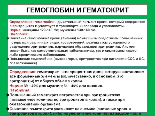 ГЕМОГЛОБИН И ГЕМАТОКРИТ Определение: гемоглобин - дыхательный пигмент крови, который содержится