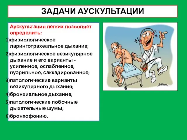 ЗАДАЧИ АУСКУЛЬТАЦИИ Аускультация легких позволяет определить: физиологическое ларинготрахеальное дыхание; физиологическое везикулярное