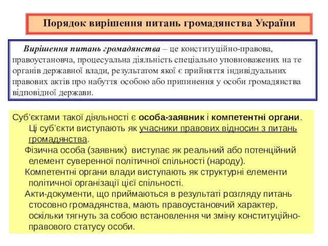 Вирішення питань громадянства – це конституційно-правова, правоустановча, процесуальна діяльність спеціально уповноважених