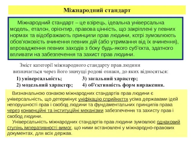 Міжнародний стандарт Зміст категорії міжнародного стандарту прав людини визначається через його