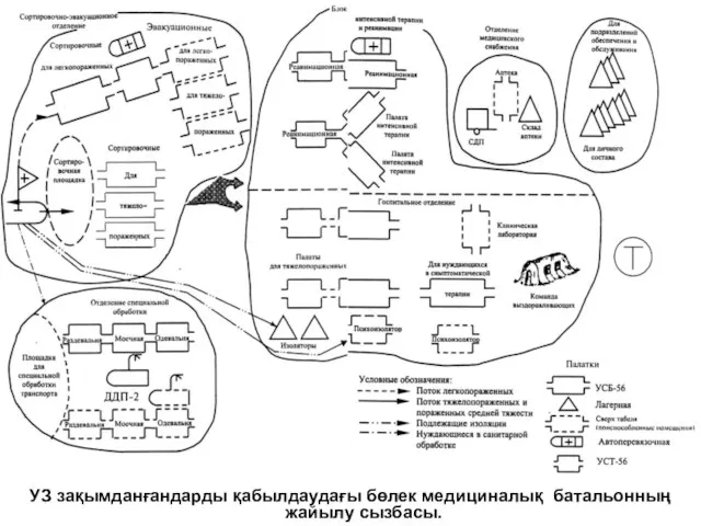 УЗ зақымданғандарды қабылдаудағы бөлек медициналық батальонның жайылу сызбасы.