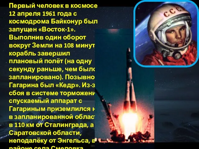 Первый человек в космосе 12 апреля 1961 года с космодрома Байконур