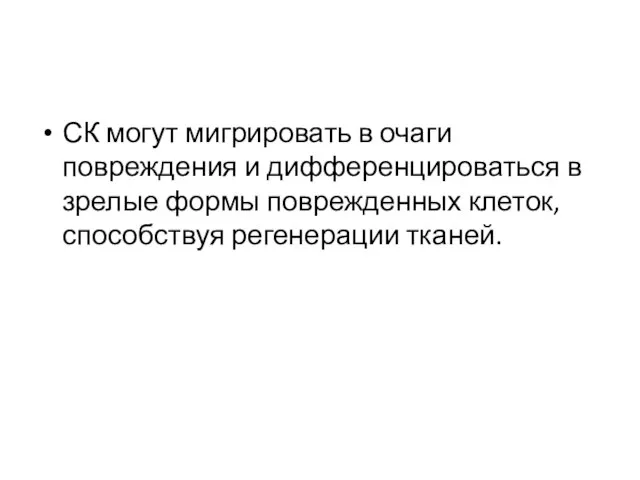 СК могут мигрировать в очаги повреждения и дифференцироваться в зрелые формы поврежденных клеток, способствуя регенерации тканей.