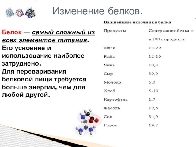 Изменение белков. Белок — самый сложный из всех элементов питания. Его