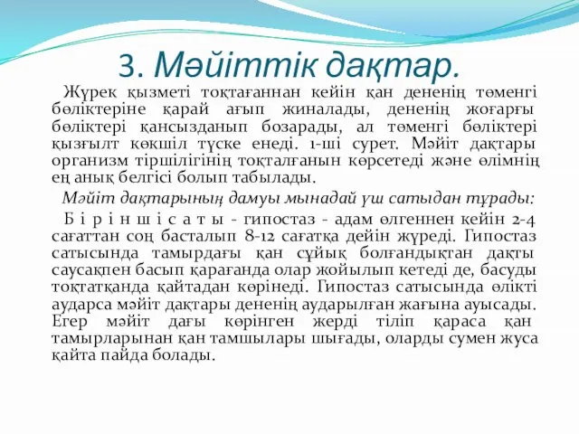 3. Мәйіттік дақтар. Жүрек қызметі тоқтағаннан кейін қан дененің төменгі бөліктеріне