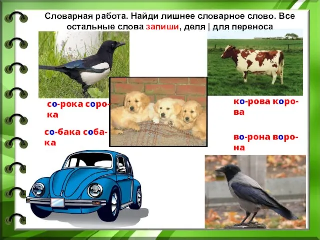 Словарная работа. Найди лишнее словарное слово. Все остальные слова запиши, деля