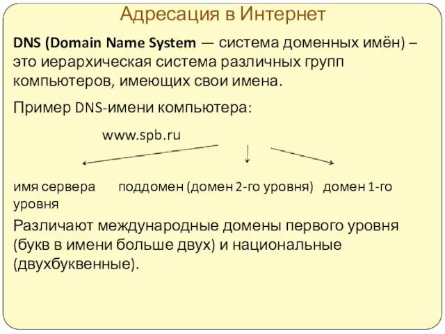 Адресация в Интернет DNS (Domain Name System — система доменных имён)