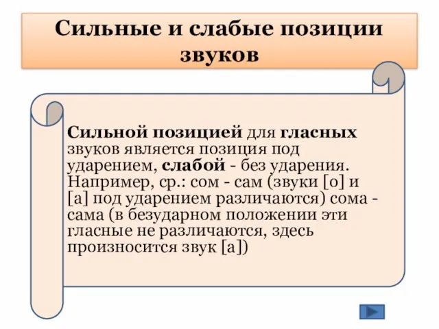 Сильные и слабые позиции звуков Сильной позицией для гласных звуков является