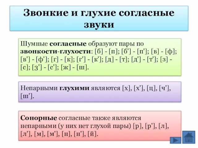 Звонкие и глухие согласные звуки Шумные согласные образуют пары по звонкости-глухости: