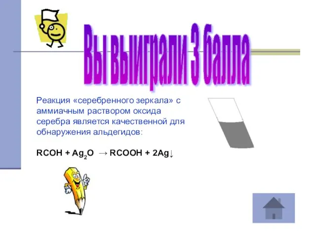 Вы выиграли 3 балла Реакция «серебренного зеркала» с аммиачным раствором оксида