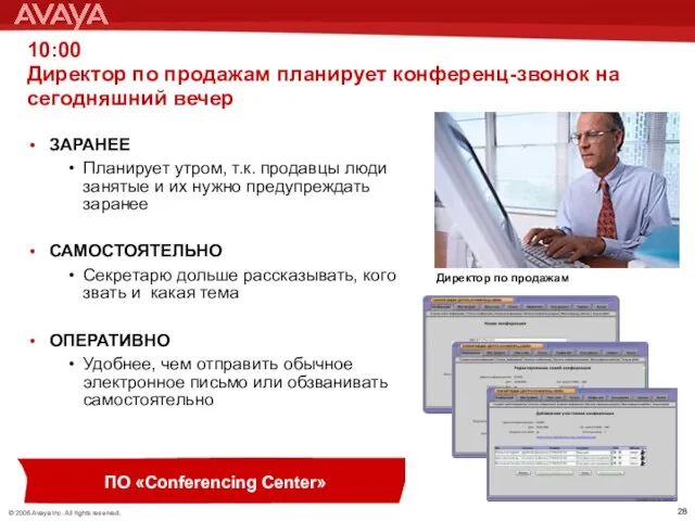10:00 Директор по продажам планирует конференц-звонок на сегодняшний вечер ЗАРАНЕЕ Планирует