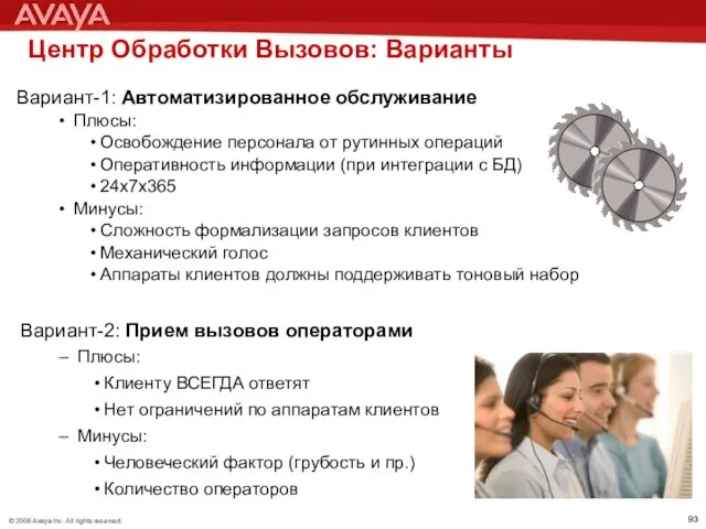 Центр Обработки Вызовов: Варианты Вариант-1: Автоматизированное обслуживание Плюсы: Освобождение персонала от