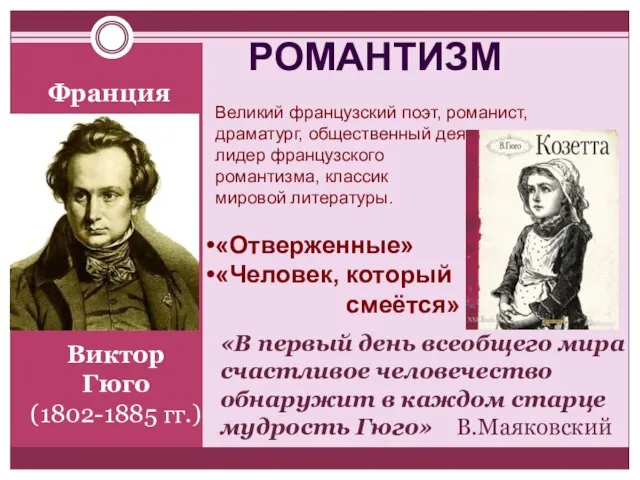 Франция Виктор Гюго (1802-1885 гг.) Великий французский поэт, романист, драматург, общественный