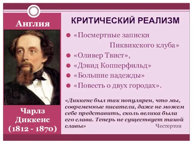 Англия «Посмертные записки Пиквикского клуба» «Оливер Твист», «Дэвид Копперфильд» «Большие надежды»