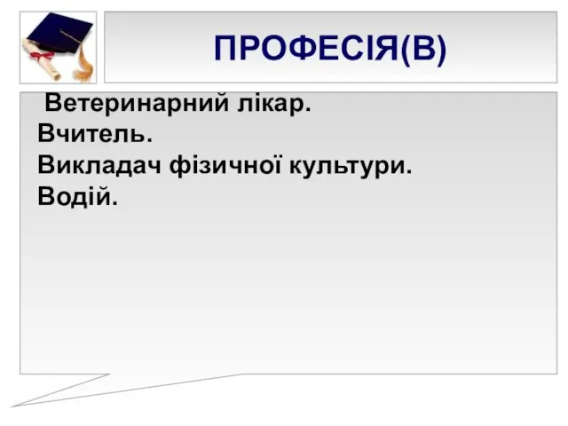 ПРОФЕСІЯ(В) Ветеринарний лікар. Вчитель. Викладач фізичної культури. Водій.